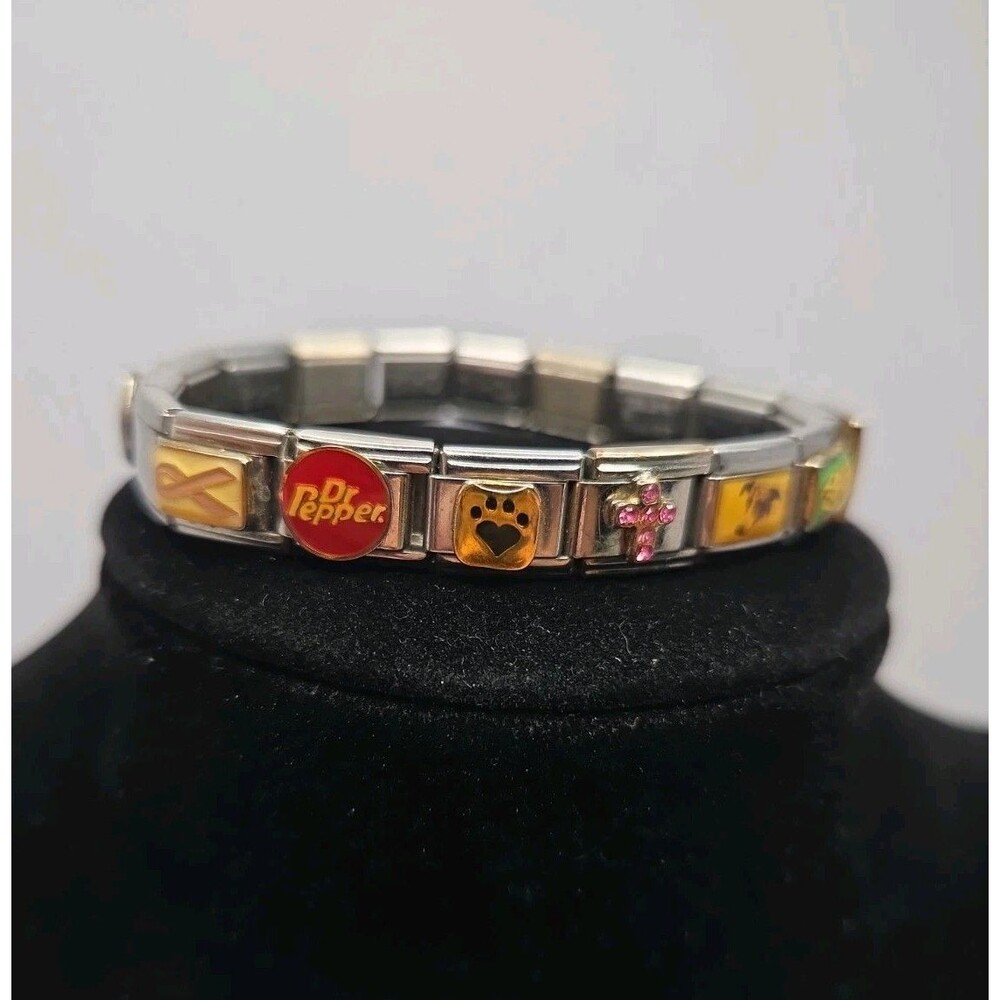 Vintage Italian Charm Bracelet 9mm Stainless Steel Pink Floyd BMW Route 66 Y2K